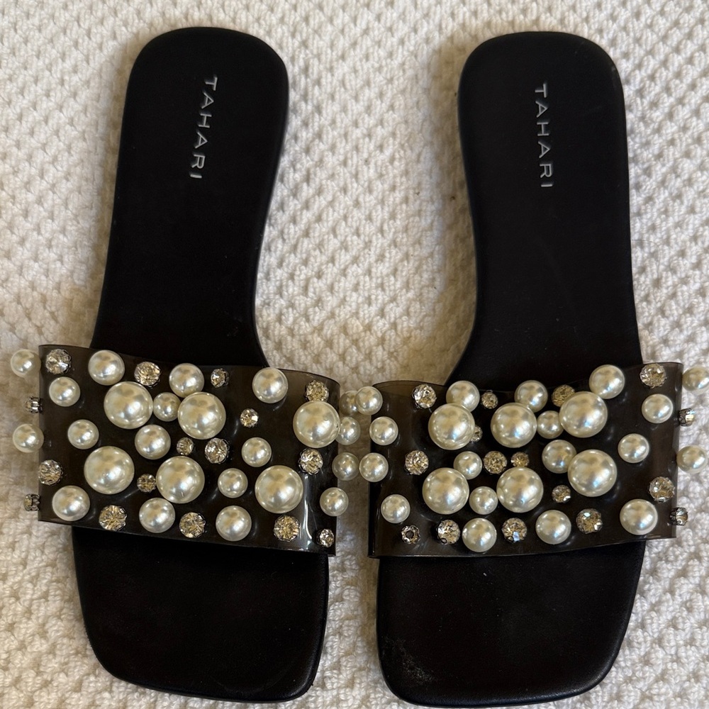 Tahari Black Slide Sandals with Pearl & Crystal Accents - Picture 6 of 7